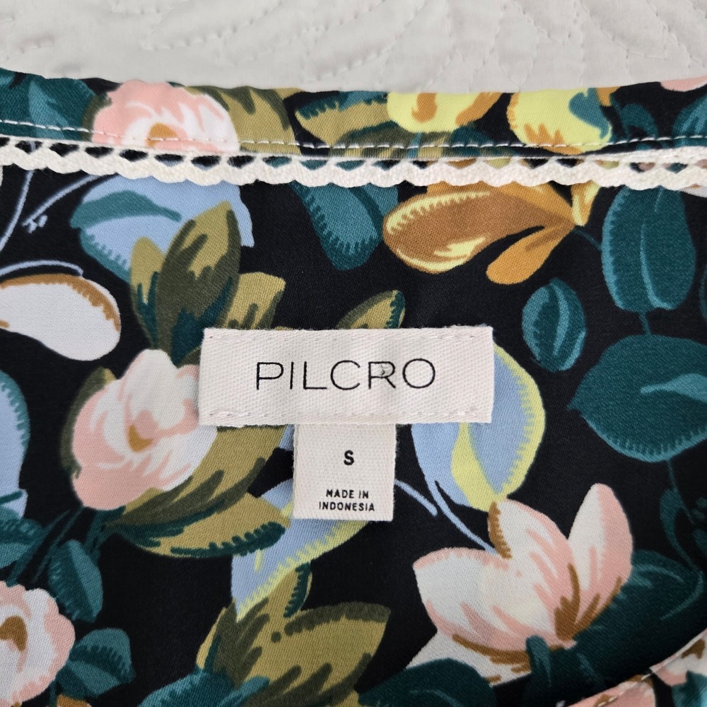 Pilcro Anthropologie Floral Peter Pan Collar Ruffle Blouse Green Mustard Small - Picture 9 of 9